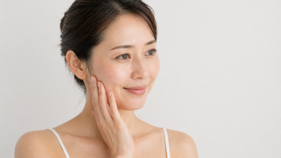 頬に手を当てて微笑む女性